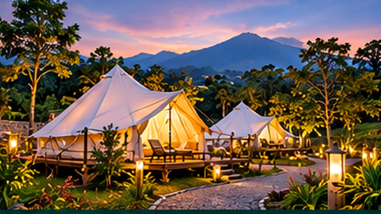Ilustrasi konsep glamping dalam suasana alam pegunungan