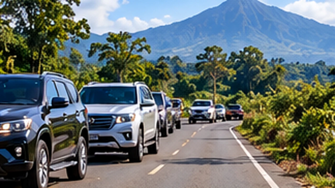 Ilustrasi rombongan mobil touring di kawasan pegunungan