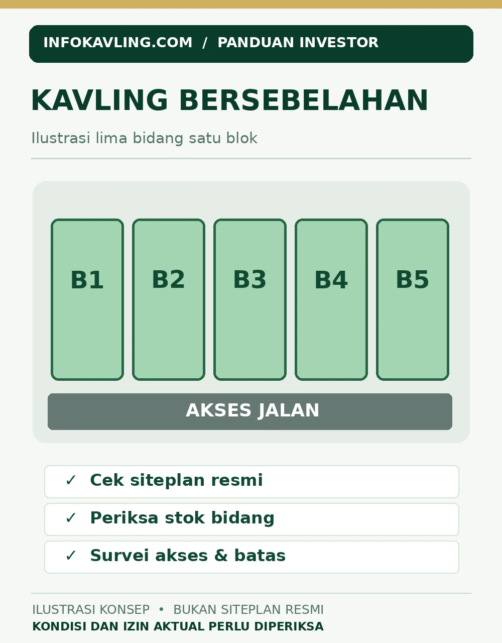 Ilustrasi lima kavling bersebelahan B1 sampai B5 dengan akses jalan dan checklist siteplan, stok, serta batas.