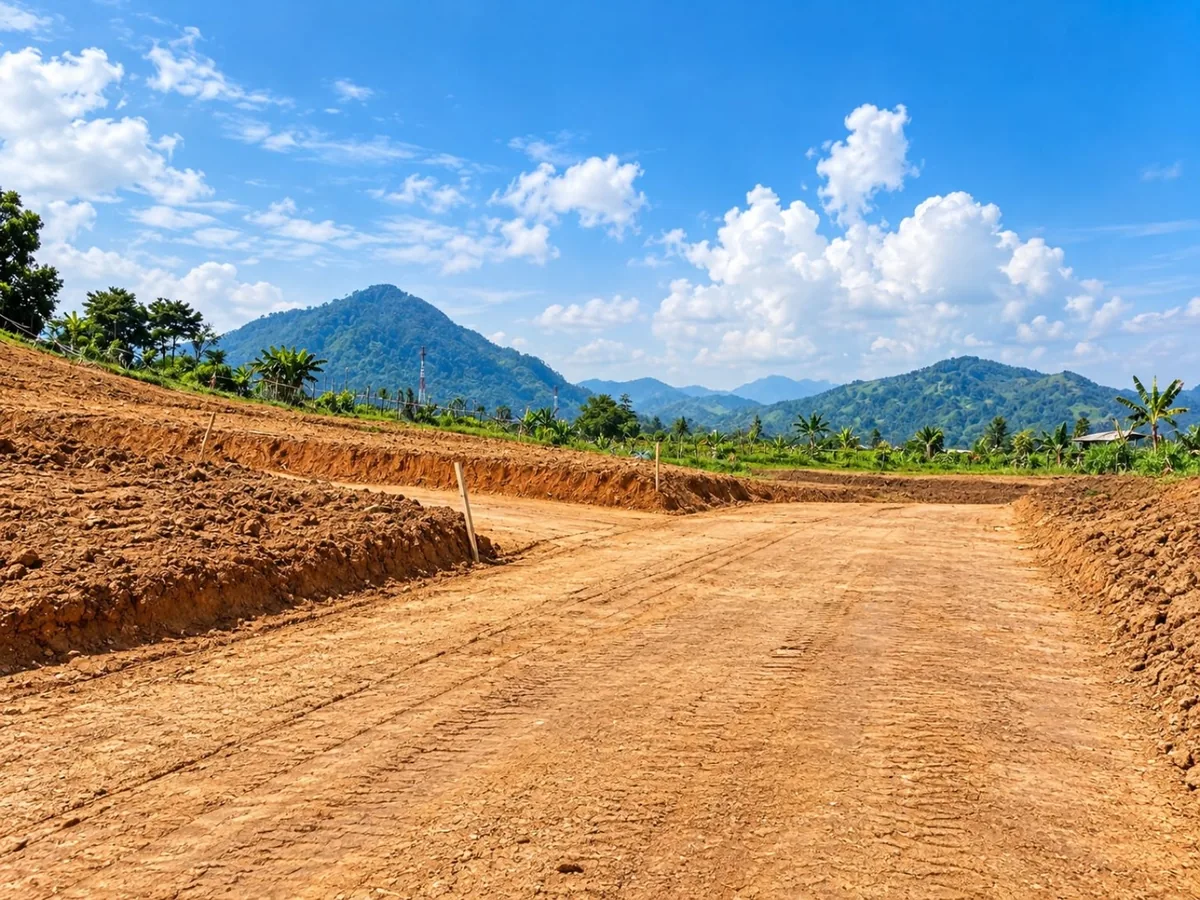 Foto asli jalur jalan tanah kavling dengan latar Gunung Hanjawong dan perbukitan Sukamakmur