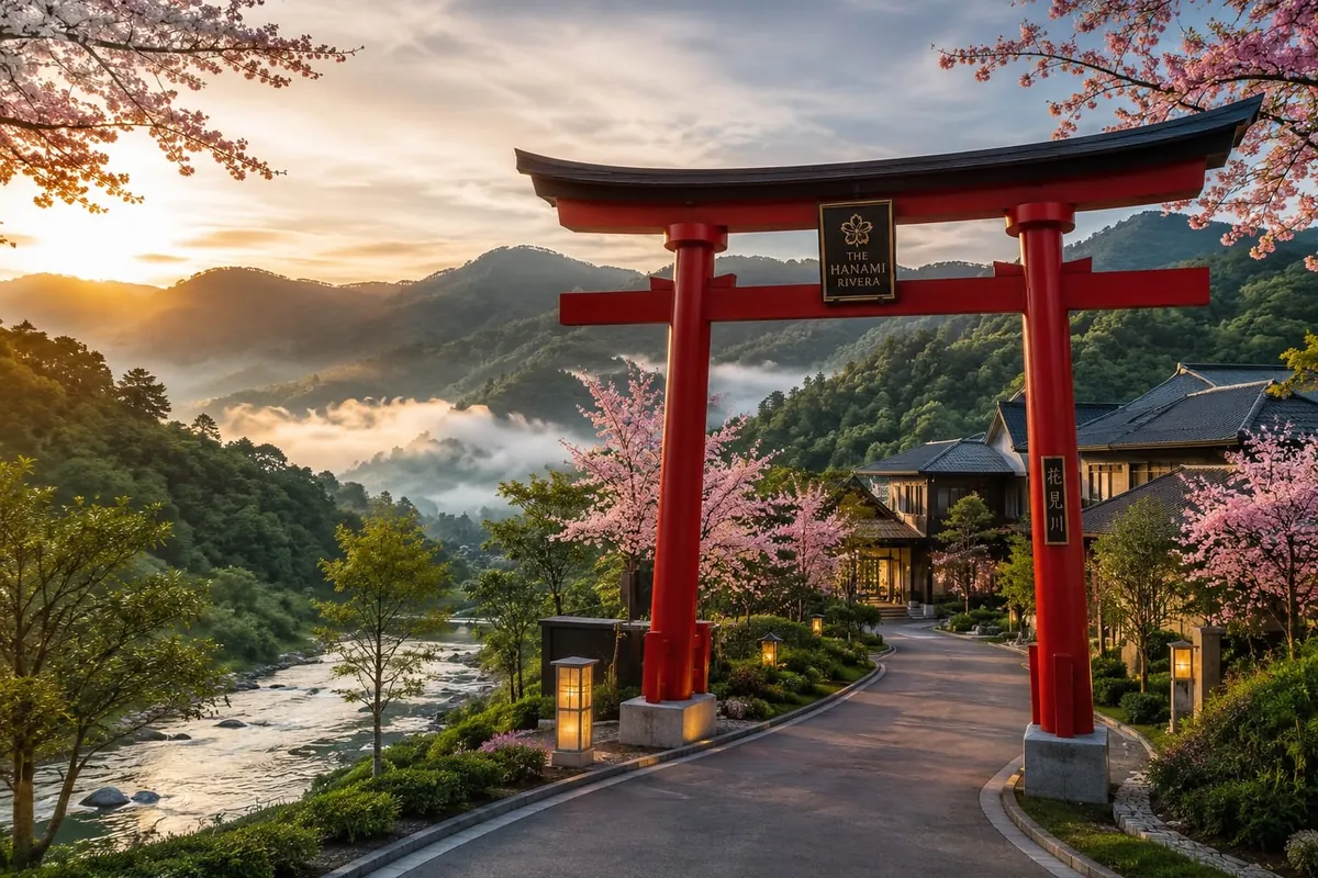 Ilustrasi kreatif terinspirasi arsitektur Jepang dengan gerbang torii merah; bukan foto fasilitas The Hanami Rivera.