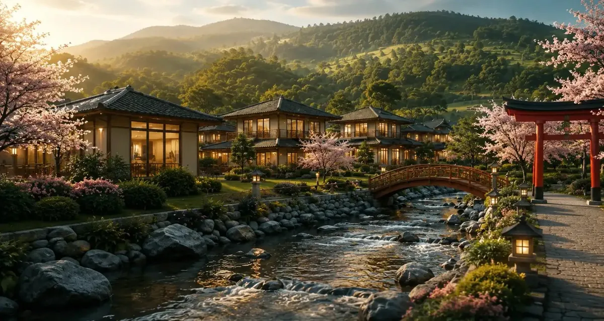 Ilustrasi visual taman sakura dan bangunan Jepang; tidak menunjukkan fasilitas yang sudah terbangun di The Hanami Rivera.