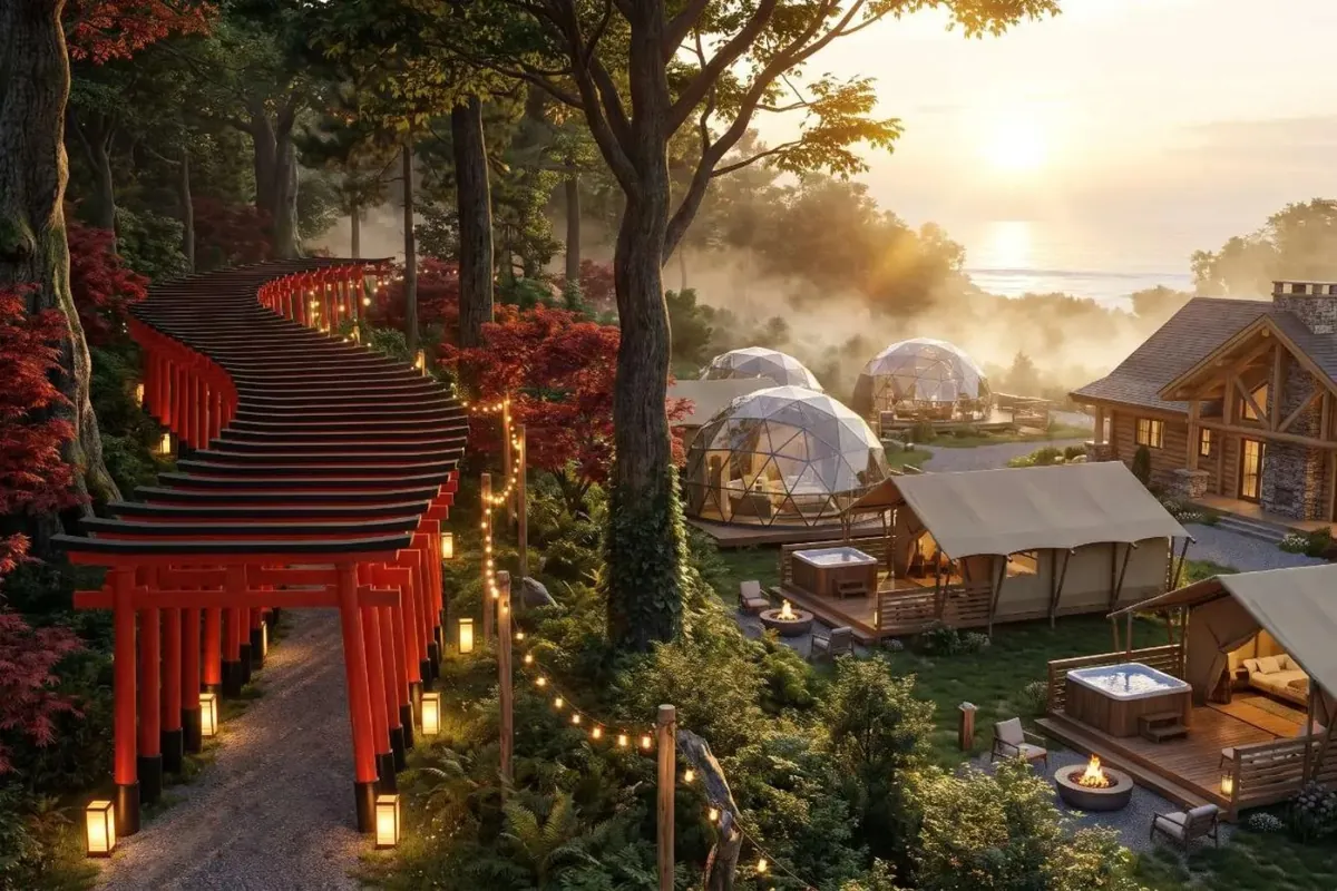 Ilustrasi konsep glamping dan jalan torii di suasana resor Jepang; bukan gambar proyek The Hanami Rivera yang telah terealisasi.