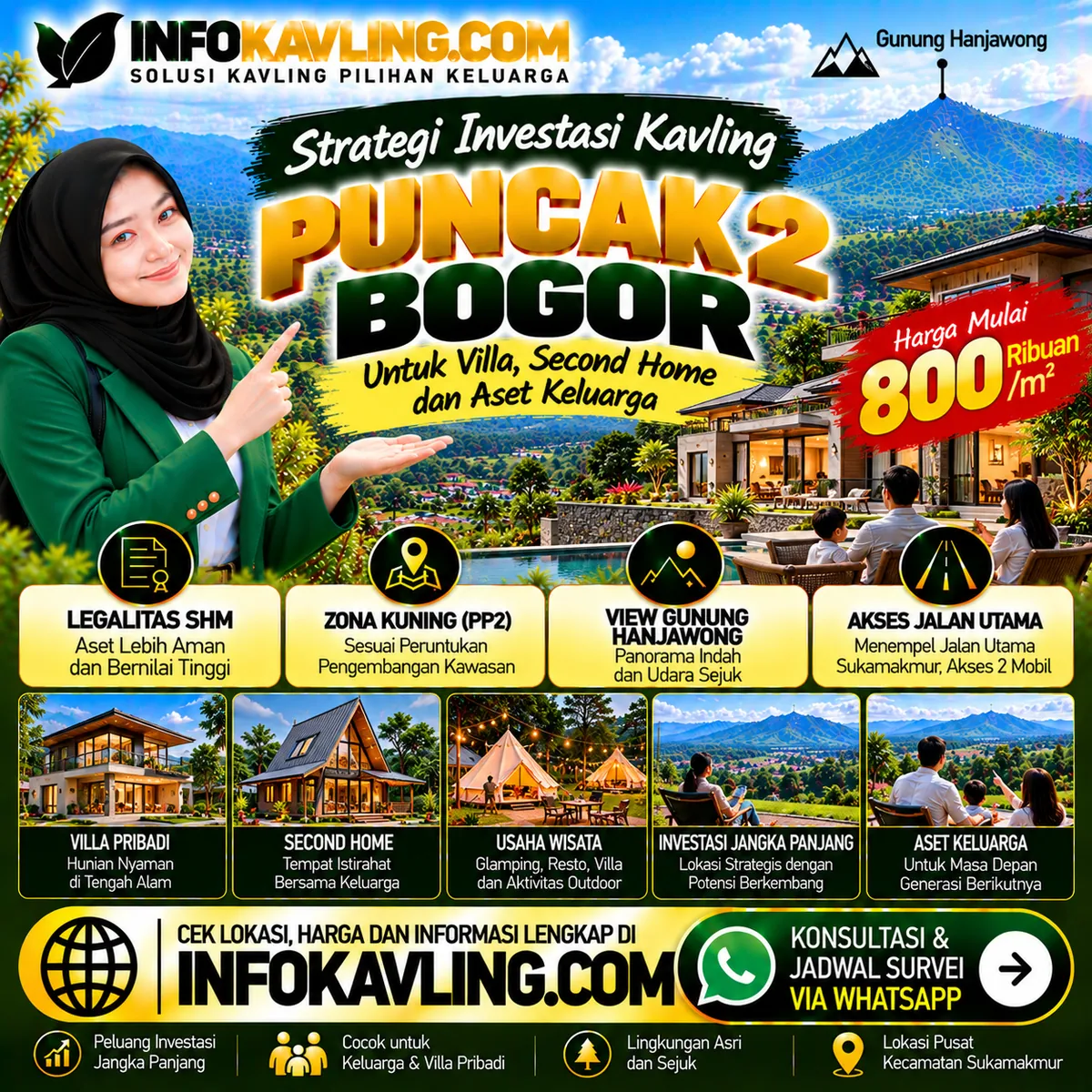 Flyer ilustrasi promosi Kavling SHM Puncak 2 Bogor oleh INFOKAVLING.COM, materi konsep bukan foto lokasi asli