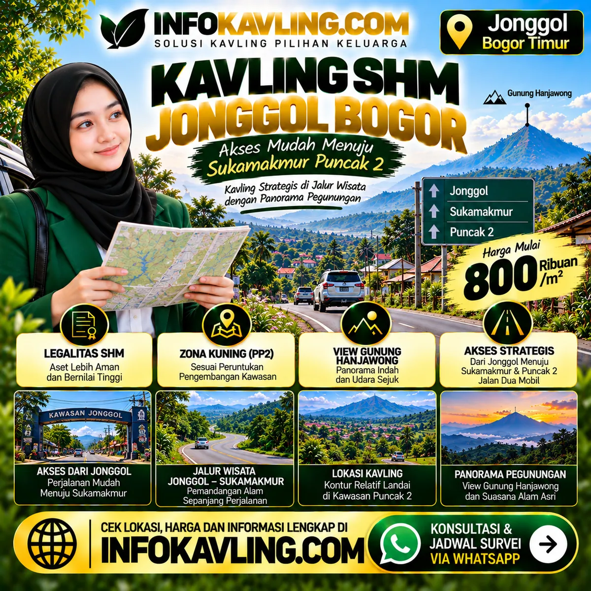 Flyer ilustrasi promosi Kavling SHM Puncak 2 Bogor oleh INFOKAVLING.COM, materi konsep bukan foto lokasi asli