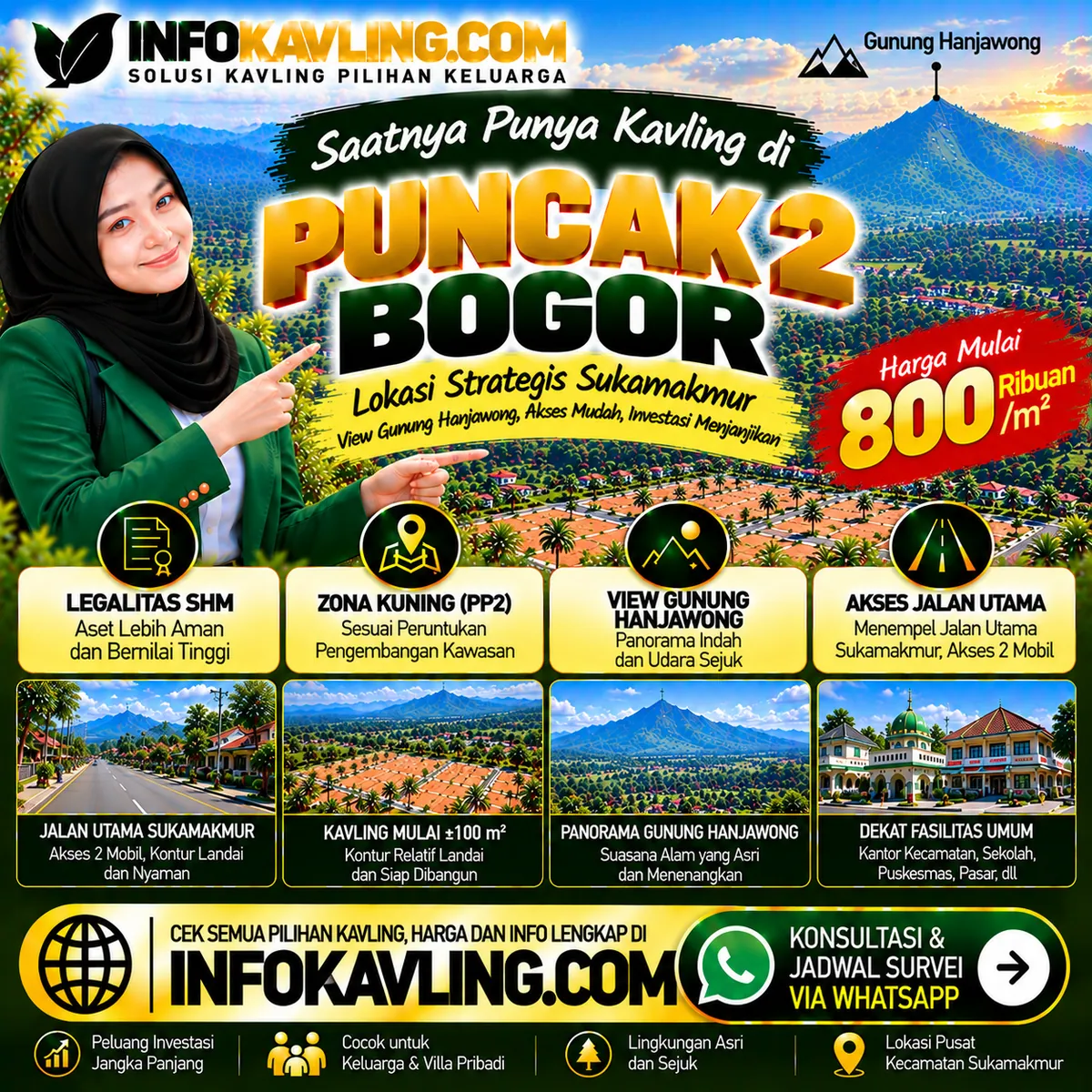 Flyer ilustrasi promosi Kavling SHM Puncak 2 Bogor oleh INFOKAVLING.COM, materi konsep bukan foto lokasi asli