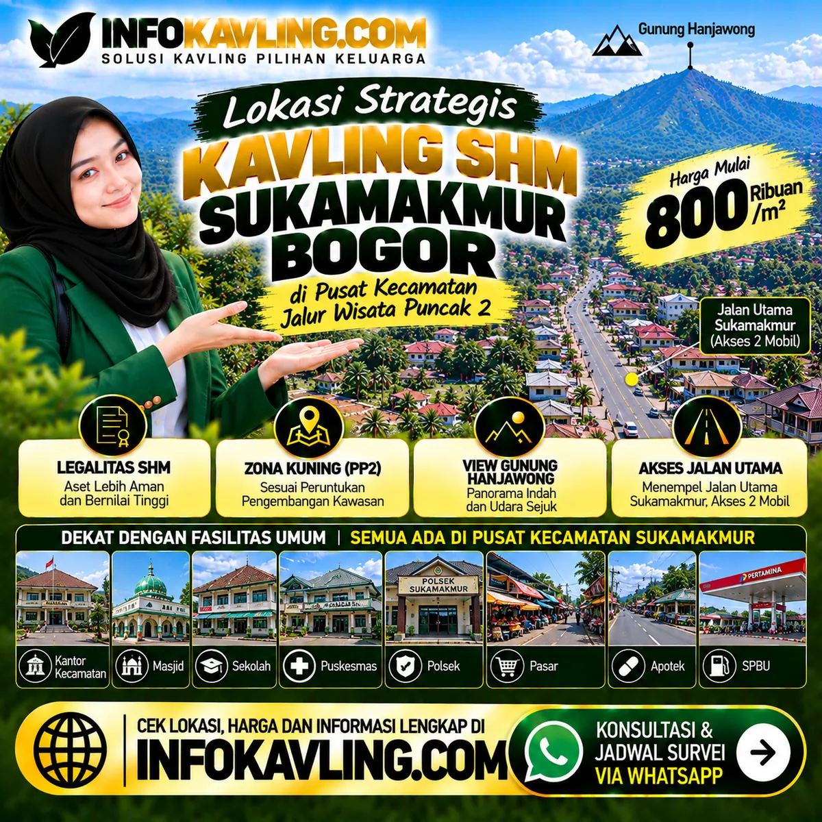 Flyer ilustrasi promosi Kavling SHM Sukamakmur Bogor oleh INFOKAVLING.COM, materi konsep bukan foto lokasi asli
