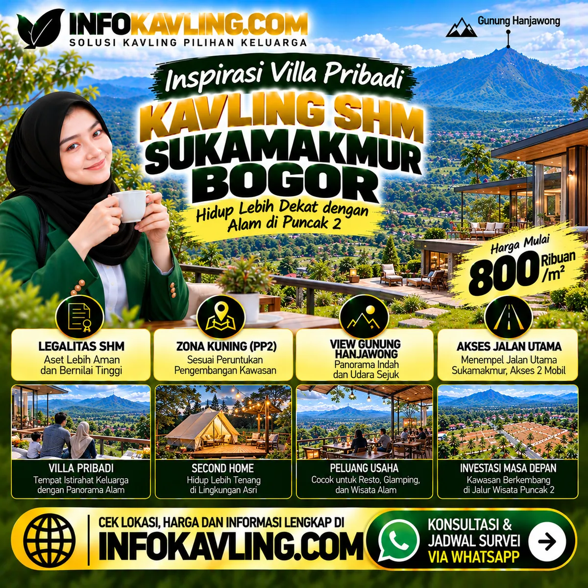 Flyer ilustrasi promosi Kavling SHM Sukamakmur Bogor oleh INFOKAVLING.COM, materi konsep bukan foto lokasi asli