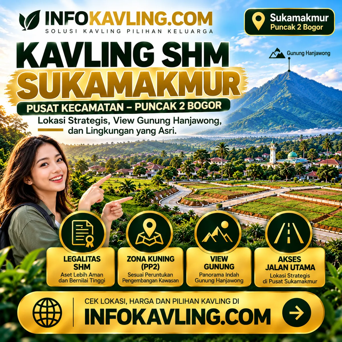 Flyer ilustrasi promosi Kavling SHM Sukamakmur Bogor oleh INFOKAVLING.COM, materi konsep bukan foto lokasi asli