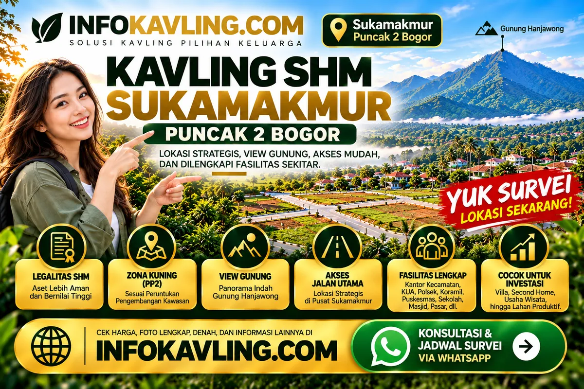 Flyer ilustrasi promosi Kavling SHM Sukamakmur Bogor oleh INFOKAVLING.COM, materi konsep bukan foto lokasi asli
