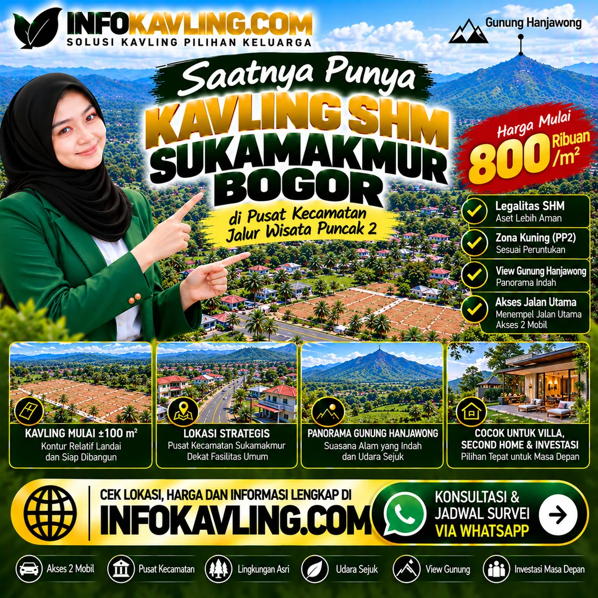 Flyer ilustrasi promosi Kavling SHM Sukamakmur Bogor oleh INFOKAVLING.COM, materi konsep bukan foto lokasi asli