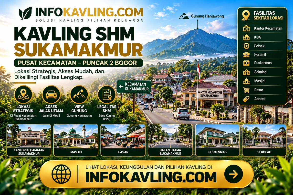 Flyer ilustrasi promosi Kavling SHM Sukamakmur Bogor oleh INFOKAVLING.COM, materi konsep bukan foto lokasi asli