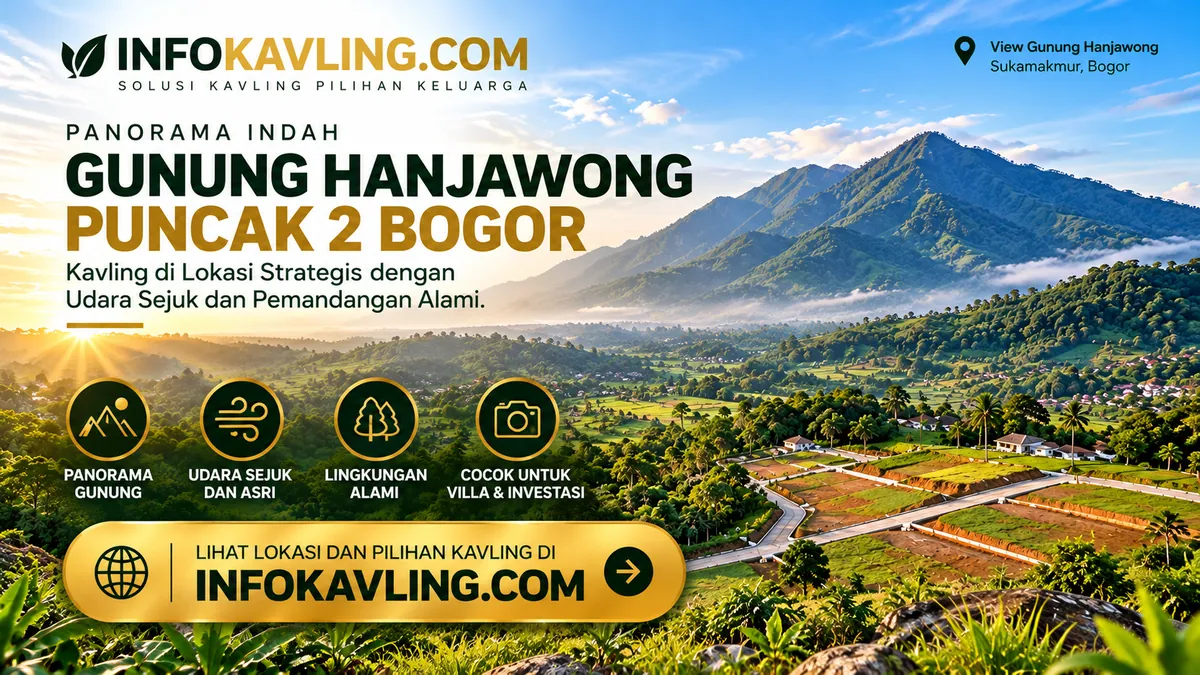 Flyer ilustrasi promosi Kavling View Gunung Bogor oleh INFOKAVLING.COM, materi konsep bukan foto lokasi asli